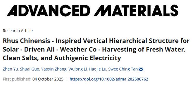 新加坡国立大学陈瑞深AM：仿生结构实现全天候水-盐-电联产助